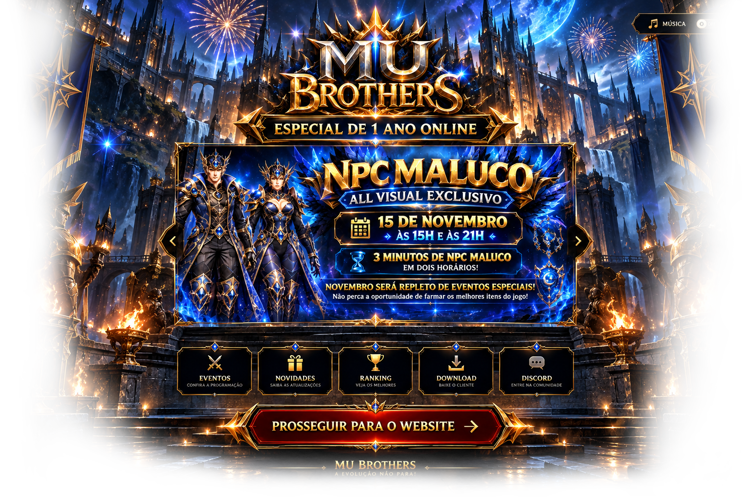 MU Brothers — Especial de 1 Ano Online. NPC Maluco em 15 de novembro às 15h e às 21h, com três minutos em cada horário.